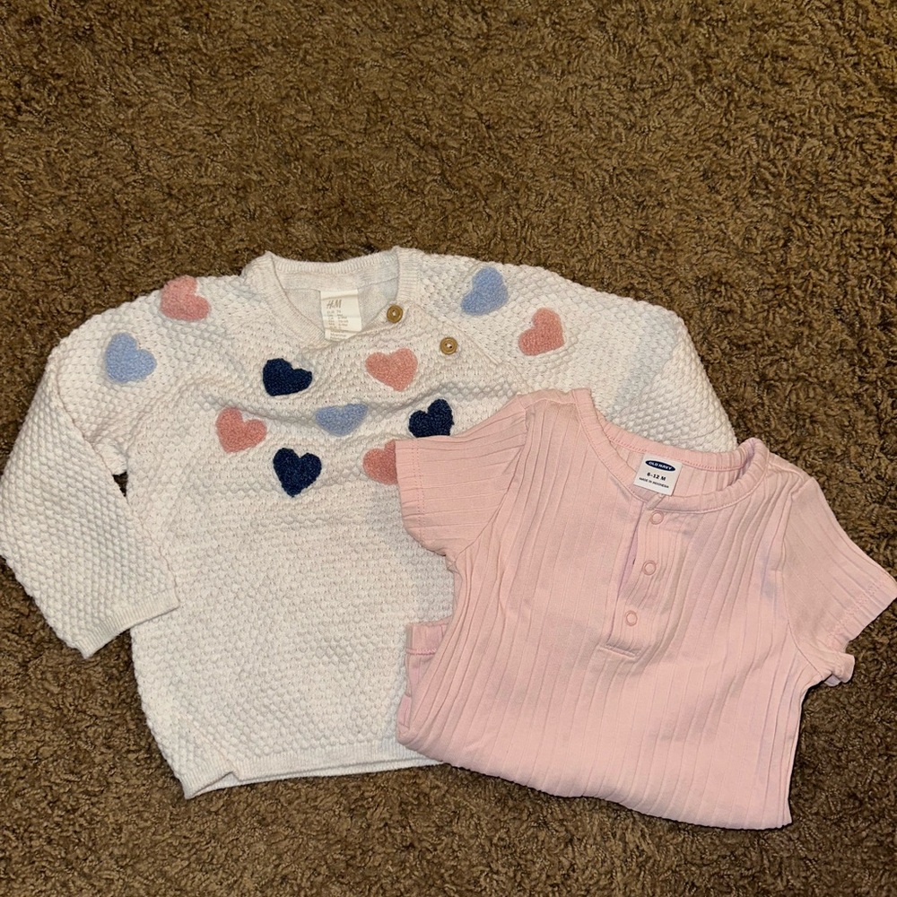 H&M Cream Sweater with Heart Details & plain pink onesie